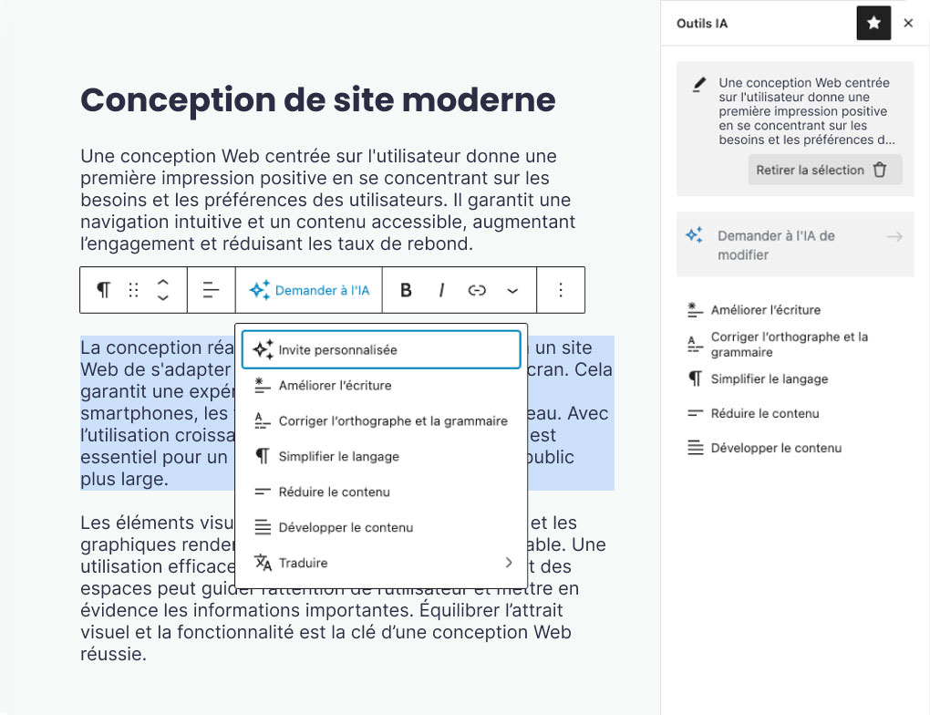 Capture d'écran de l'assitant IA créant du contenu textuel