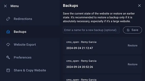 Screenshot of the Backups feature