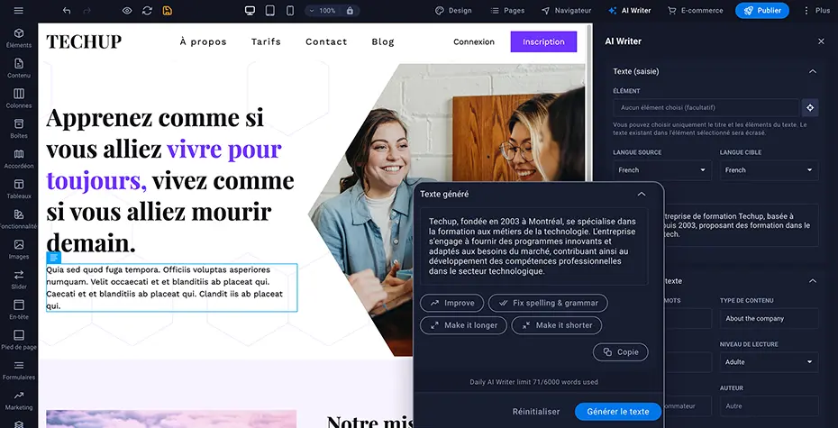 Capture d'écran de la fonction Rédacteur IA