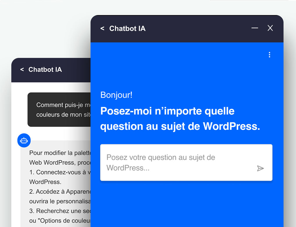 Capture d'écran du chatbot vous aidant dans WordPress